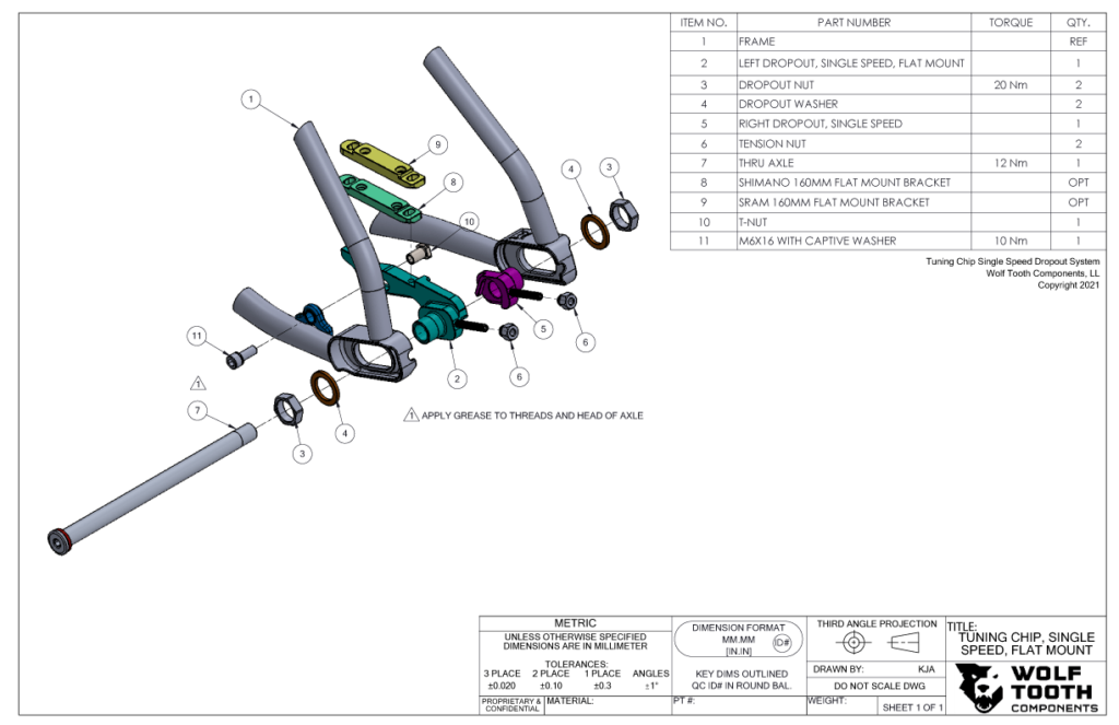 An engineering diagram of an exploded Otso Single Speed Tuning Chip Conversion Kit - Flat Mount Kit for the Warakin Stainless, Warakin Ti, Fenrir Stainless, and Fenrir Ti bicycles.