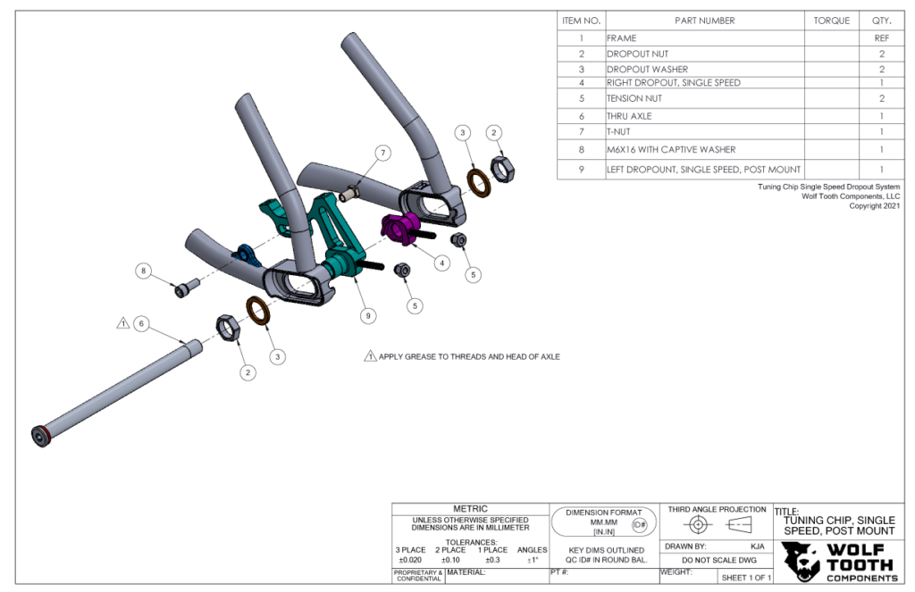 An engineering diagram of an exploded Otso Single Speed Tuning Chip Conversion Kit - Post Mount Kit for the Warakin Stainless, Warakin Ti, Fenrir Stainless, and Fenrir Ti bicycles.