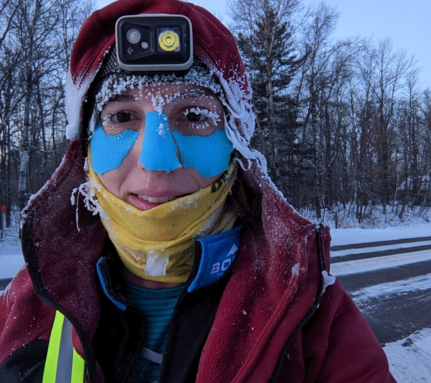 Amanda Harvey takes a selfie in the Tuscobia trail. Her eyelashes and hair are frozen.