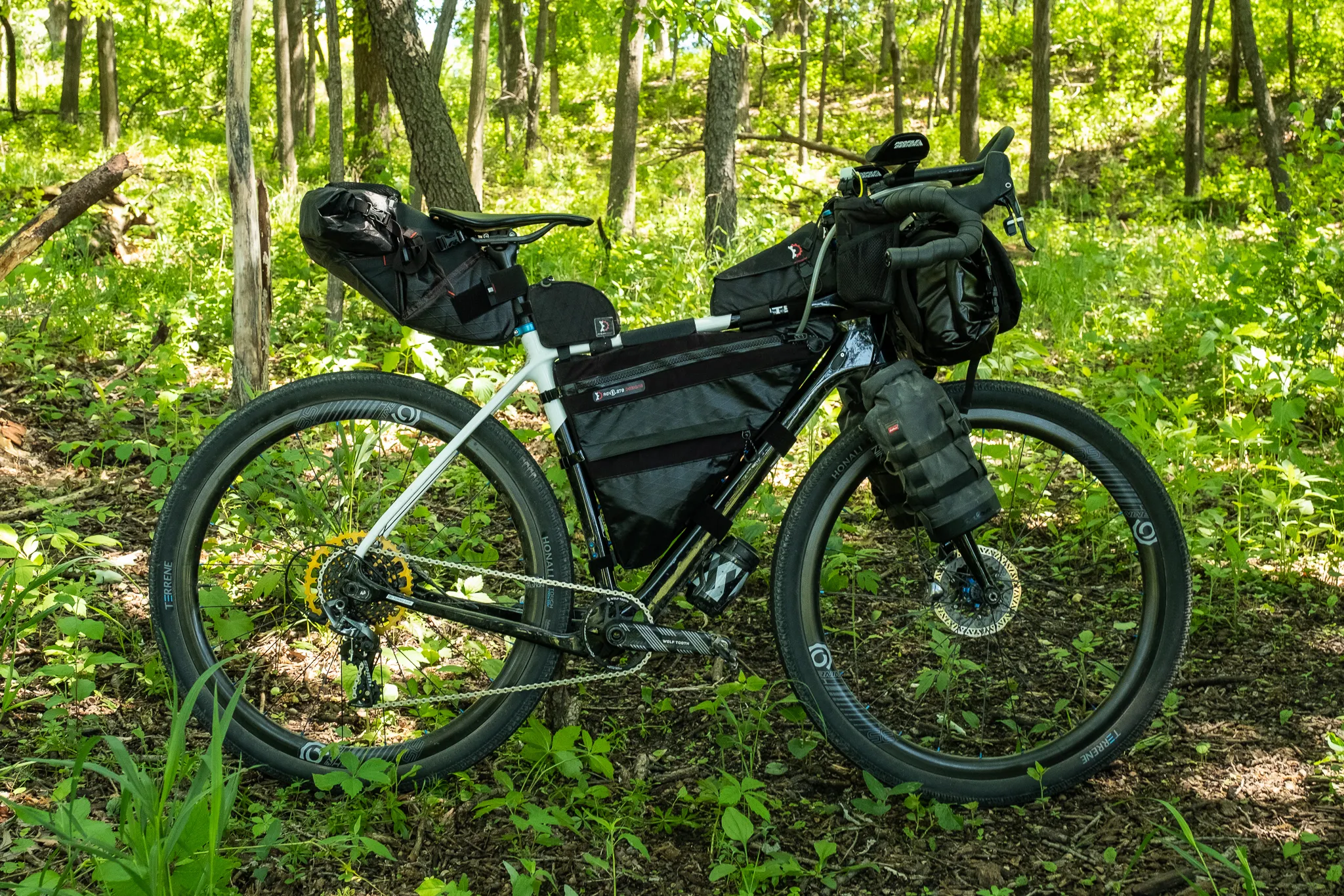 A Waheela C prepped to bikepack the Tour Divide 2021. It is outfitted with a  number of bikepacking bags and is posed in a lush forest.